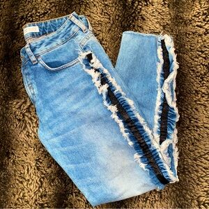 Zara Z1975 Denim Jeans With Ruffle Side Stripe & Fraying